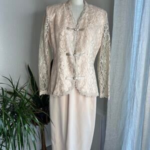 Nicole Paris Women’s Size 10 Skirt Suit Blush Lace Overlay Satin Trim Elegant